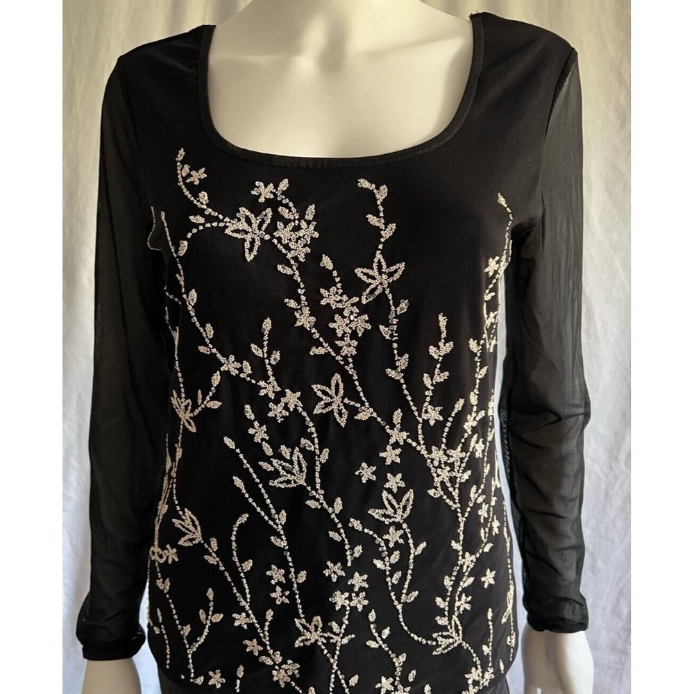 Kay Celine Top Blouse Floral Black Long Sleeves Rhinestones M